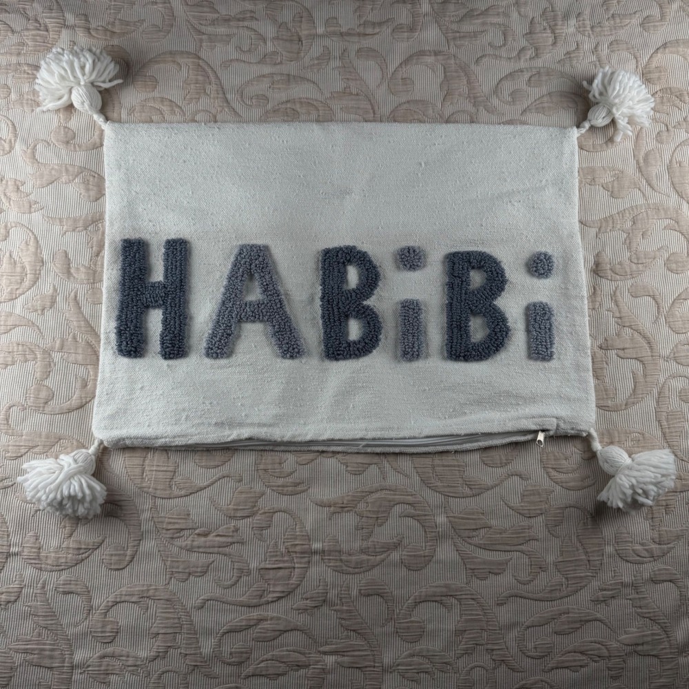 Habibi Tufted Tassel Lumbar Pillow Cover Off-White Grey Woven Boho 12x20